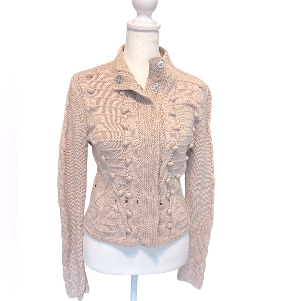 Crocheted Cardigan - tufted BLUSH PINK dot cable knit design. Size Small